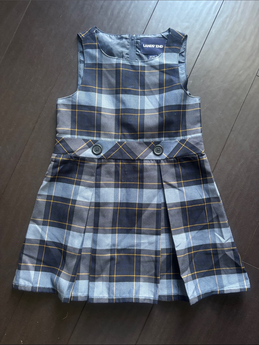 Lands' End Navy, Gray & Gold Plaid Girls Jumper